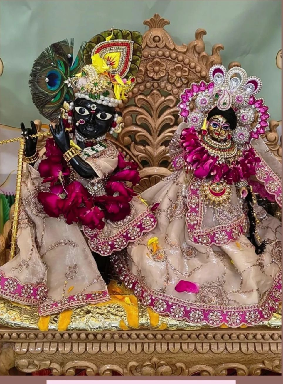 Heavy Tissue Radha Krishna Poshak Set - Without Buckram (Beige & Rani Pink)